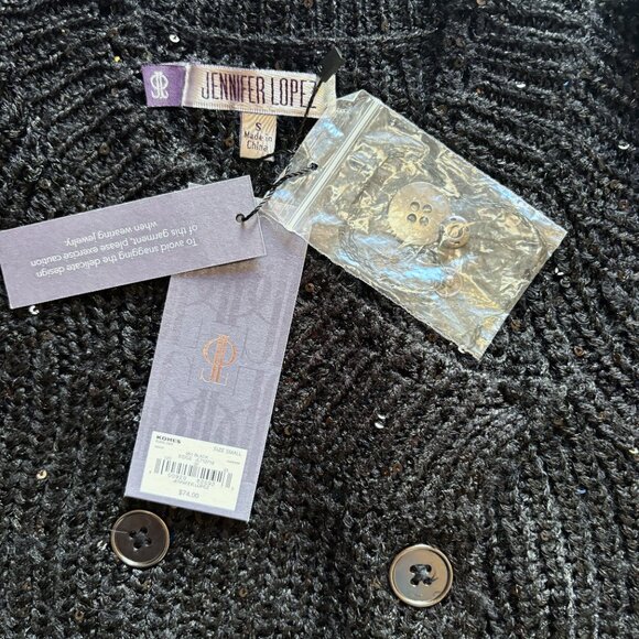 Jennifer Lopez Sequin Knit Cardigan Sweater Double Breast Metallic Black Size S - Picture 10 of 12